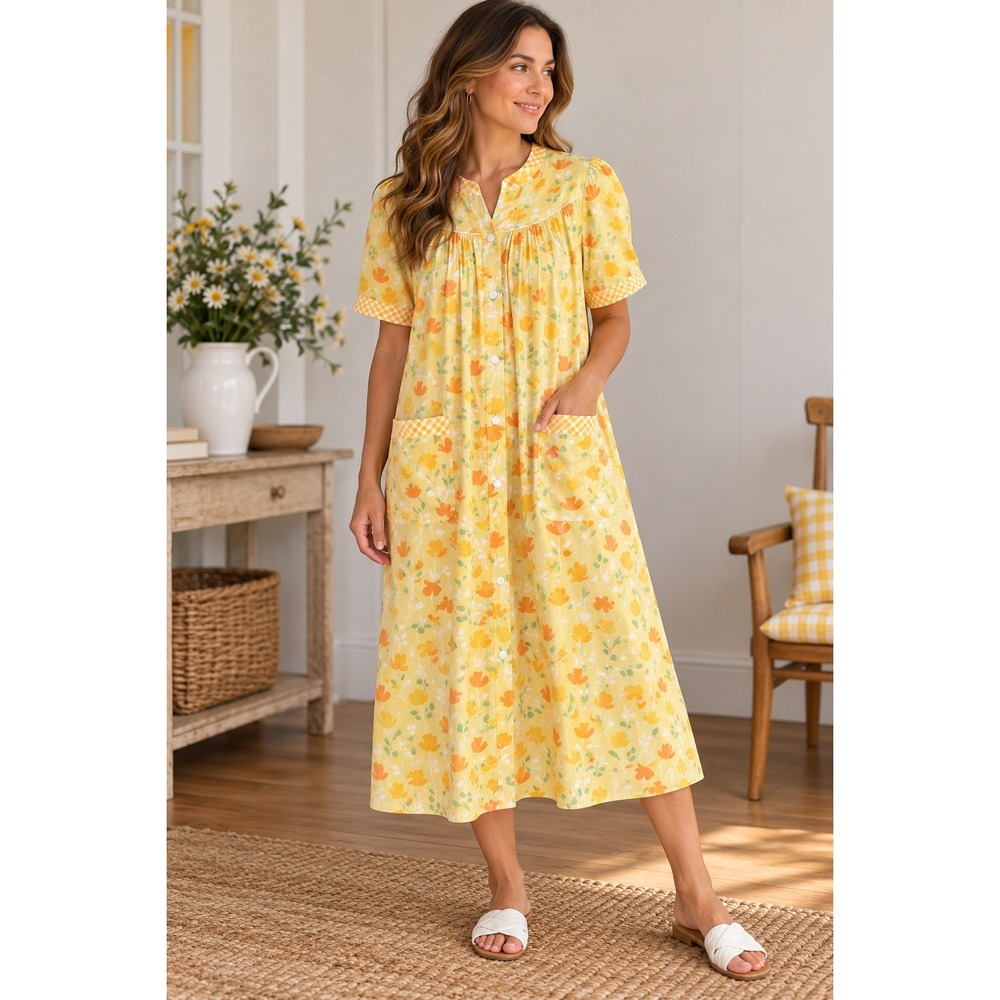 Vintage Bobbie Brooks Yellow Floral House Dress M 10/12 Cottagecore Prairie USA